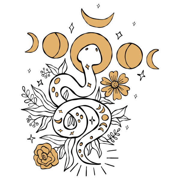 Outline Mystical Snake with Gold Moon Phase and Flowers Plants. Hand Drawing