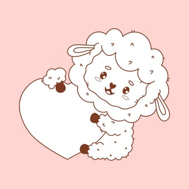 Büyük kalpli Şirin Koyun taslağı. Sevgililer Günü çizgi filmi Kawaii karakterin kutlu olsun. Çizgi çizimi, boyama kitabı. Vektör çizimi. Çocuk koleksiyonu