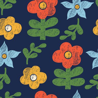 Çiçeksiz desen. Koyu lacivert arka planda parlak çiçek ve bitkilerle el yapımı boya kalemi. İlkel desenli kare çizimi. Vektör çizimi. Yapay zeka değil