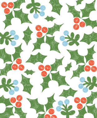 Noel çiçeği desenli, kutsal yapraklı ve dutlu. Boya kalemi yeni yıl posteri. Desenli El Çizimi