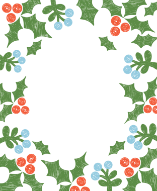 Holly ve böğürtlenli Noel çiçeği çerçevesi. Yeni Yıl Şablonu posteri. Kalıplı Boya Kalemi İlkel El Çizimi