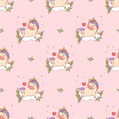 Kusursuz desen. Yumuşak Pembe Arkaplanda Çiçekli Şirin Tek Boynuzlu At. Komik romantik çizgi film Küçük At Kawaii fantezi hayvanı. Vektör çizimi. Çocuk koleksiyonu. Yapay zeka değil