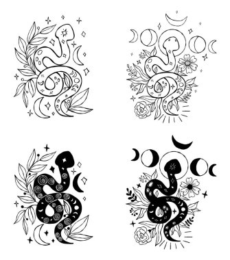 Ay Evresi ve Çiçek Bitkileri Ayarlı Mistik Yılan. İzole edilmiş Siyah Çizgili El Çizimleri Doodle. Vektör İllüstrasyonu. Yapay zeka değil