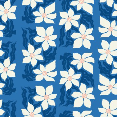Harika Soyut Çiçek Halk Sanatının Kusursuz Şablonu. Mavi Arkaplan 'daki organik Beyaz Çiçek Süslemesi. 70' lerin modası geçmiş naif hippi modası. Çağdaş El Çizimi. Vektör İllüstrasyonu. Yapay zeka değil
