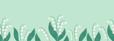 Yeşil Arkaplanda Beyaz Zambaklı Bahar Çiçeksiz Sınırı. El çizimi pastel boyalı, üzerinde Mayıs ayı çiçekleri olan posterler. Vektör çizimi. Yapay zeka değil
