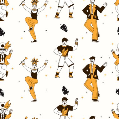 Karnaval Kusursuz Düzen Erkekleri Dansçıları. Beyaz Arkaplanda Maskeli Balo 'da Mutlu Parti Erkek Karakteri. Renkli El Çizimi Karalama. Vektör İllüstrasyonu. Yapay zeka değil