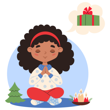 Noel Etnik Kız Meditasyonu ve Tatil Hediyesi Rüyası. Kışın Süveter Giyen Sevimli Çocuk Karakteri