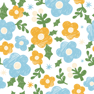 Çiçek tebeşirsiz desen. Sarı Mavi Çiçekler. İlkel desenli Boya Süslemesi El Çizimi