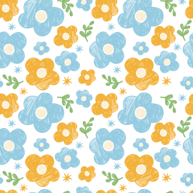 Çiçek tebeşirsiz desen. Sarı Mavi Çiçekler. İlkel desenli Boya Süslemesi El Çizimi