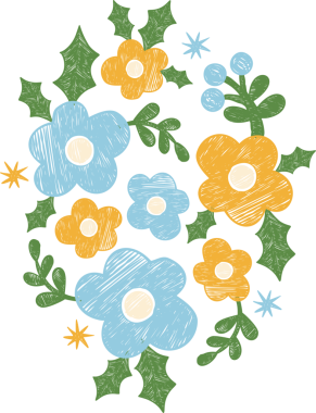 Bahar Pastel Rengi Sarı Mavi Çiçekler. Desenli El Çizimi Tebeşir Çizimi