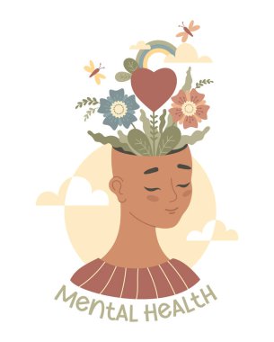Akıl Sağlığı. Açık fikirli, çiçek ve kalbi olan huzurlu Etnik Kadın. Duygusal iyileşme, iç denge, farkındalık ve kişisel refah. Sağlıklılık. Vektör İllüstrasyonu. Yapay zeka değil