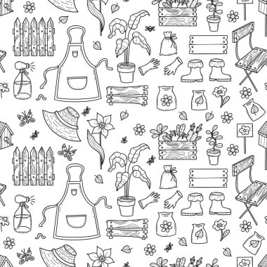 Kusursuz El Çizimi Bahçıvan Kuklası deseni. Tekrarlayan Çiftlik Aletleri, Ahşap Çit, Sandalye, Bitkiler, Çiçekler ve Beyaz Arkaplanda Önlük. Vektör çizimi. Yapay zeka değil