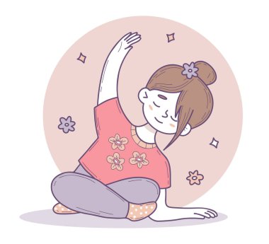 Spor yapan tatlı kız, yoga. Kadın karakterler oturur ve gerinir. Elle boyanmış, yumuşak pastel renkte karalamalar. Vektör çizimi. Çocuk koleksiyonu. Yapay zeka değil