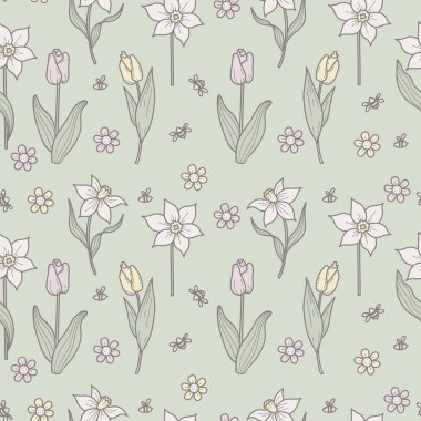 Kusursuz bahar çiçekleri deseni. Yeşil Arılı Pastel laleleri ve nergisleri tekrarlıyor. Botanik Şablonu. Vektör çizimi. Yapay zeka değil 