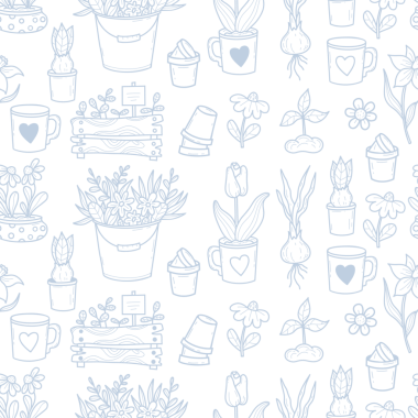 Kusursuz Bahçıvanlık Şablonu. Özet olarak El Çizimi Bahar Çiçekleri, Kova Buketi ve Kırsal Elementler