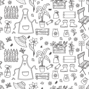 Kusursuz El Çizimi Bahçıvan Kuklası deseni. Özet Çiftlik Malzemeleri, Ahşap Çit,