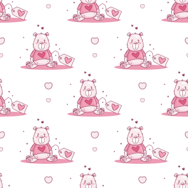 Kusursuz Aşk Modeli. Oyuncak Ayı ve Hediye Etiketi. Pembe Arkaplan Sevgililer Günü. Tekrarlayan Romantik Şablon