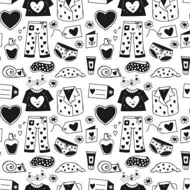 Romantik Kusursuz Loungewear ve Aksesuar Şablonu. Sevgililer günü pijaması, iç çamaşırı, rahat ev eşyaları. Çizim Arkaplanı