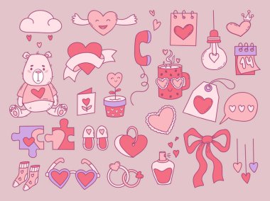 Sevgililer Günü Doodle Set 'ini seviyorum. Ayıcık Oyuncak Oyuncak, Alyans Parfümü, Romantik Aşk Konuşması Baloncukları ve Kalp. Pembe El Çizim Elementleri. Vektör İllüstrasyonu. Yapay zeka değil