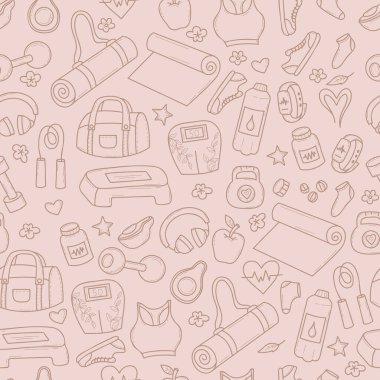 Taslak Fitness Kusursuz Doodle Deseni. Doğrusal el çizimi Spor Malzemeleri ve Aksesuar Arkaplanı tekrarlanıyor. Vektör İllüstrasyonu. Yapay zeka değil