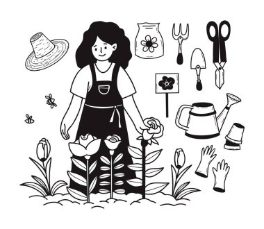 Bahçıvan kadın çiftçi çiçek bahçesi ve bahçe aletleri el çizimi seti. İzole edilmiş Black Doodle. Vektör çizimi. Yapay zeka değil