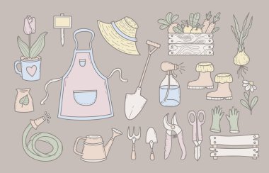 Bahçıvan El Çizim Seti. Çiftlik aletleri, çiçekler ve hasat. İzole edilmiş Dilsiz Pastel Doodle. Vektör çizimi. Yapay zeka değil