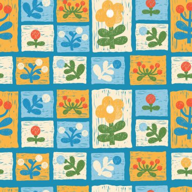 Pastel Çiçeksiz Desen. Halk Sanat Patchwork Süslemesi. Çiçekli Geometrik fayanslar, kırsal etkiye sahip ilkel bitki elementleri. Dokulu El Çizimi. Modern trend vektör illüstrasyonu. Yapay zeka değil