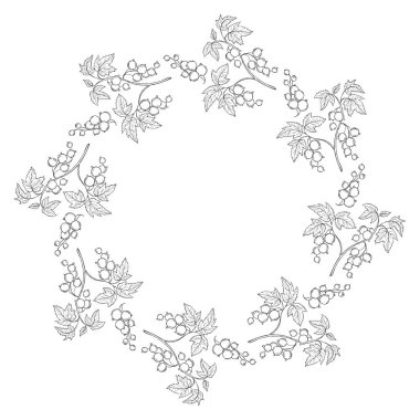 Frenk üzümü yuvarlak hududu. Minimalist Çiçek Çemberi Yapraklı Frenk üzümü. Merkezinde boş alan olan El Çizimi. Vektör çizimi. Yapay zeka değil