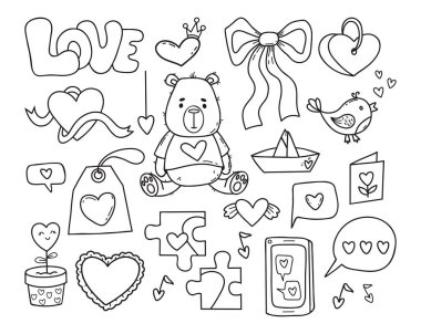 Love Doodle 'ın ana hatları. Sevgililer Günü seti. Ayıcık Oyuncak, Romantik Aşk Sembolleri Konuşma Baloncukları ve Kalp. Kapsamlı Kara El Çekim Elementleri. Vektör İllüstrasyonu. Yapay zeka değil