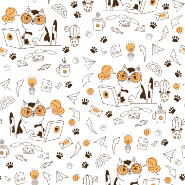 Kusursuz Serbest Düzen. Laptop ve Ofis Karalamaları Üzerinde Çalışan Şirin İş Adamı Kedi