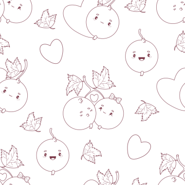 Özet olarak Şirin Frenk üzümü Kusursuz Şablon. Romantik Kawaii Böğürtlen Currant ve Kalp Geçmişi