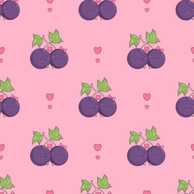 Romantik Kawaii kuşüzümü. Kusursuz Aşk Modeli. Şirin Böğürtlen Çifti ve Pembe Arkaplanda Kalp. Sevgililer Günü için Maskot Sevgililer Günü Karakterleri, Sevgililer Günü Tasarımı. Vektör çizimi. Yapay zeka değil