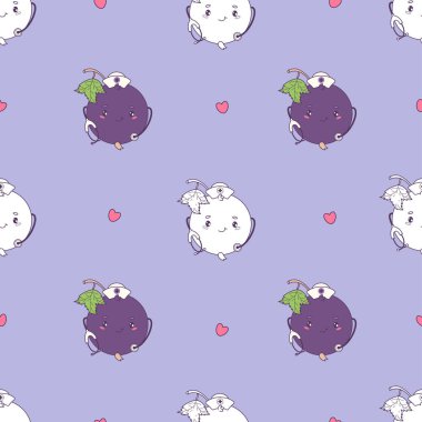 Stetoskopsuz desenli şirin bir kuşüzümü hemşiresi. Taslak ve Renk Çizimi Mor Arkaplan Üzerine Komik Çilek Currant Kawaii Maskot Tıbbi Karakteri. Vektör Meydanı illüstrasyonu