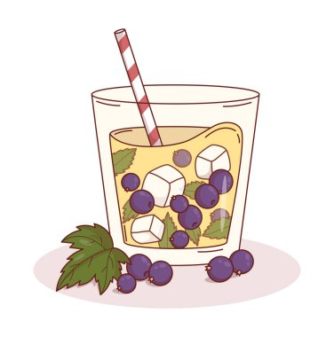 Frenk üzümlü buzlu çay. Buz küpleriyle limonata tazeliyorum. Çizgili kamış ve nane şekerli dut içeceği. Vektör İllüstrasyonu