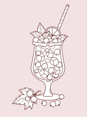 Buzlu, böğürtlenli, naneli ve limonlu kuşüzümü ana hatlarıyla. Seasonal Meyve Yetiştirici Blackberry Kokteyli Saman ile Zarif Bardakta. Çizgi çizimi, boyama sayfası. Vektör İllüstrasyonu