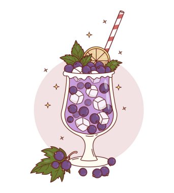 Buzlu, dutlu, naneli ve limonlu kuşüzümü aromalı mor içecek. Zarif Bardakta Smoothie ve saman. Yaz Ferahlatıcı Blackberry Kokteyli. Vektör İllüstrasyonu