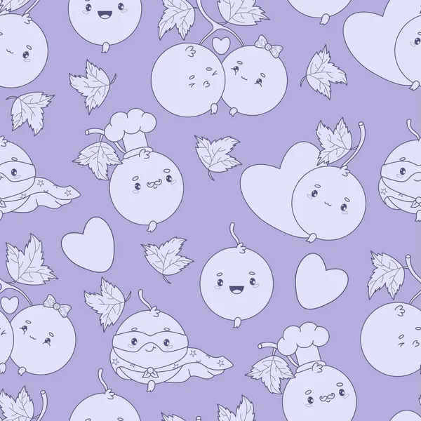 Şirin kuşüzümü kusursuz desen çizimi. Ana hatlarıyla Currant çizgi film karakteri şefi, romantik çift ve Mor Arkaplan 'daki süper kahraman. Çizgi Vektör Meydanı illüstrasyonu