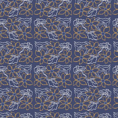 Elle çizilmiş çiçekli kusursuz botanik deseni. Matisse 'in Soyut Organik Çiçekleri Koyu Mavi Arkaplanda İlham Vermiştir. Vector Illustration In Indigo And Gold Color Palette
