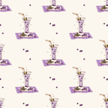 Buz Küplü Mor Frenk üzümü İçeceği. Mevsimlik böğürtlen kokteylleri, nane ve buz küpleri ve beyaz arka planda saman. Vektör İllüstrasyonu