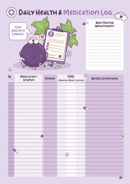 Günlük Sağlık ve İlaç Günlüğü. Şirin Kawaii Hemşire Maskotu ile Sağlık Planlayıcısı. Tıbbi İzleme ve Doktor Randevuları için Yazdırılabilir Planlayıcı Sayfası. Dikey Vektör illüstrasyonu
