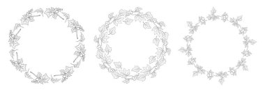 Frenk üzümü yuvarlak çelenk koleksiyonu. Minimalist Çiçek Çemberi Yapraklı Frenk üzümü. Merkezinde boş bir alan olan izole edilmiş El Çizimi. Vektör çizimi. Yapay zeka değil