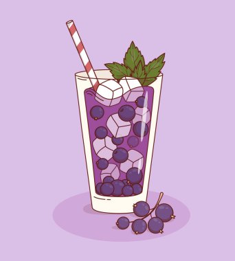 Buz küpleri, böğürtlenler ve nane yapraklı mor kuşüzümü içeceği. Yaz Ferahlatıcı Limonata Sağlıklı Mevsimlik Kokteyl Bardak ve Samanla. Vektör İllüstrasyonu