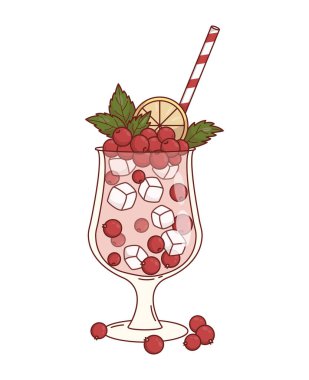 Buzlu, limon dilimli ve naneli Frenk üzümü Kokteyli. Saman ile tazeleyici Summer Berry içeceği. Vektör İllüstrasyonu