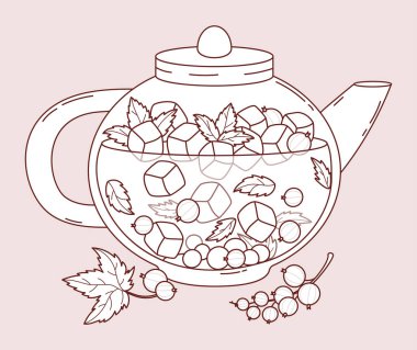 Fruit Tea ile üzümlü ve naneli cam çaydanlık. Buzlu, dutlu ve nane yapraklı mevsimlik ferahlatıcı içecek. Çizgi çizimi, boyama rehberi. Vektör İllüstrasyonu