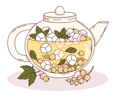 Beyaz üzümlü meyve çayı ve cam çaydanlıkta nane şekeri. Buzlu, dutlu ve nane yapraklı mevsimlik ferahlatıcı içecek. Vektör İllüstrasyonu