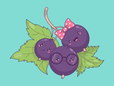 Frenk üzümü ailesi. Kawaii Karikatür Böğürtlen. Şirin Anne, Baba ve Bebek Currant Karakterleri. Çocuk koleksiyonu. Vektör çizimi. Yapay zeka değil
