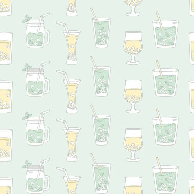 Taze Yaz İçeceği Limonata Kusursuz Şablon. Nane Kokteyli İçme Gözlüğü ve Buz Küpleri açık yeşil arka planda. Minimalist kare şablonu çizimi. Vektör İllüstrasyonu