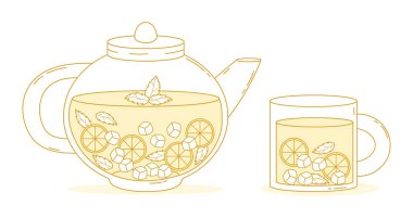 Ev yapımı Limonata Seti. Glass Teapot ve Bardak. Buz küpleri ve nane yapraklarıyla izole edilmiş taze yaz içeceği. Minimalist El Çizimleri. Vektör İllüstrasyonu