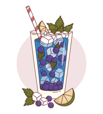 Böğürtlenli kokteyl, limonlu ve buzlu. Siyah böğürtlenli yaz ferahlatıcı içecek, çizgili kamış ve nane şekeri. Vektör İllüstrasyonu