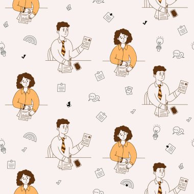 İşe Alınan Kusursuz Düzen. İş Adamları ve Kadın Belgeleri Taslak Ofis Simgeleriyle Aydınlık Arkaplanda. Karalama el çizimi. Vektör Meydanı İllüstrasyonu